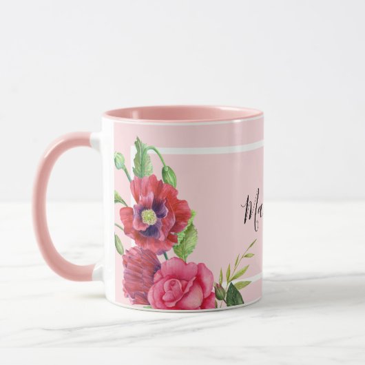 Chic Modern Waterverf Rood en Roze Bloemen Mok (Links)