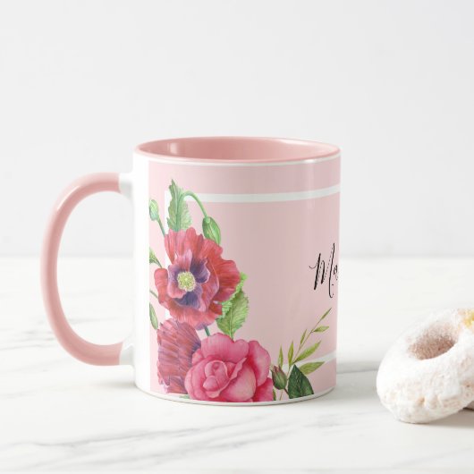 Chic Modern Waterverf Rood en Roze Bloemen Mok (Met donut)