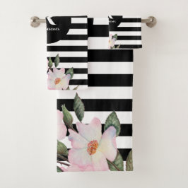 Chic Modern Waterverf Roze Roses Stripes Monogram Bad Handdoek