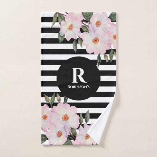 Chic Modern Waterverf Roze Roses Stripes Monogram Bad Handdoek (Handdoek)
