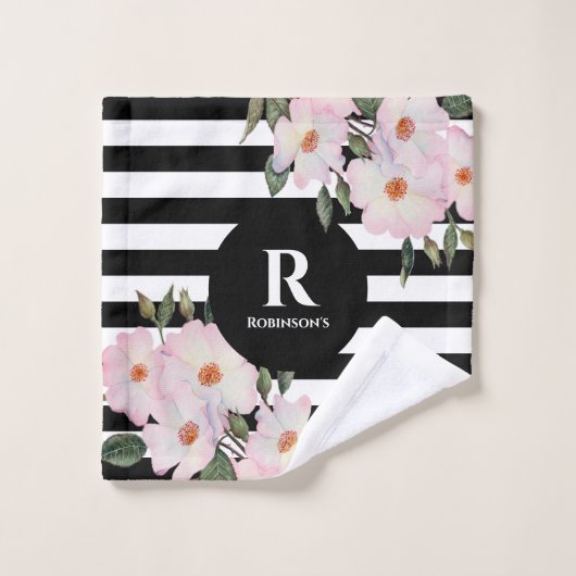 Chic Modern Waterverf Roze Roses Stripes Monogram Bad Handdoek (Wasdoekje)