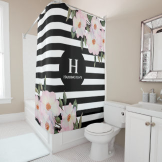Chic Modern Waterverf Roze Roses Stripes Monogram Douchegordijn