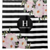 Chic Modern Waterverf Roze Roses Stripes Monogram Douchegordijn (Voorkant)