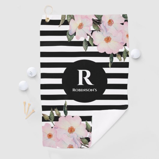Chic Modern Waterverf Roze Roses Stripes Monogram Golfhanddoek (Insitu)