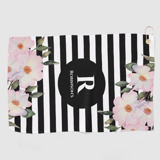 Chic Modern Waterverf Roze Roses Stripes Monogram Golfhanddoek (Horizontaal)