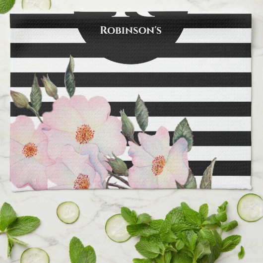 Chic Modern Waterverf Roze Roses Stripes Monogram Theedoek (Gevouwen)
