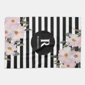 Chic Modern Waterverf Roze Roses Stripes Monogram Theedoek (Horizontaal)