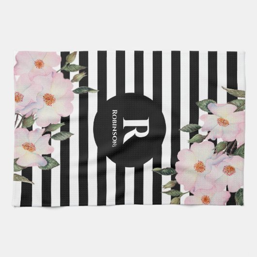 Chic Modern Waterverf Roze Roses Stripes Monogram Theedoek (Horizontaal)