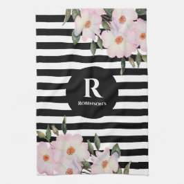 Chic Modern Waterverf Roze Roses Stripes Monogram Theedoek