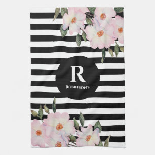 Chic Modern Waterverf Roze Roses Stripes Monogram Theedoek