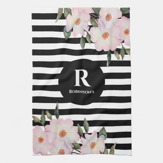 Chic Modern Waterverf Roze Roses Stripes Monogram Theedoek (Verticaal)