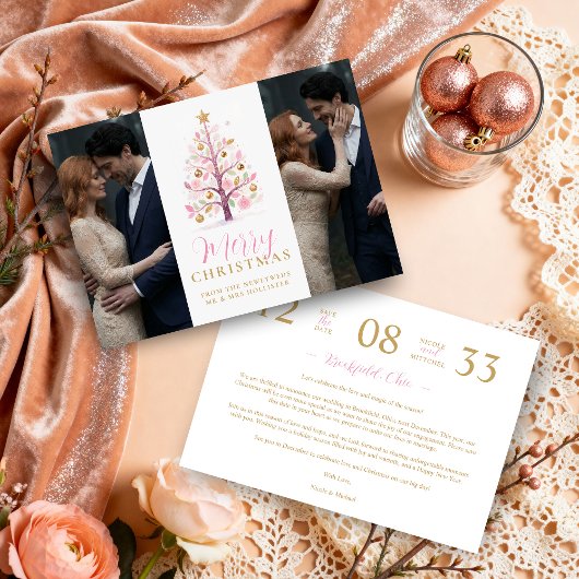 Chic Modern Wedding Pink Christmas Tree 2-Photos Save The Date