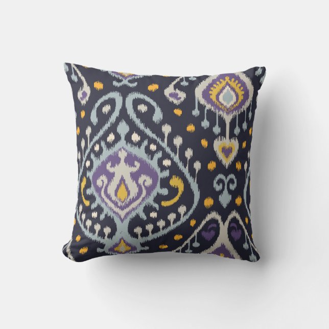 Chic modern yellow blue navy ikat tribal patroon kussen (Voorkant)