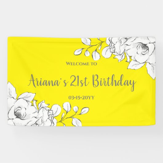 Chic Modern Yellow White Floral Birthday Welkom Spandoek (Horizontaal)