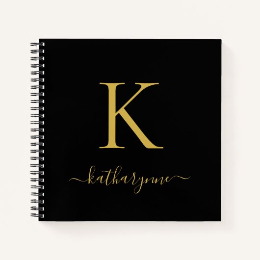 Chic Modern Zwart Goud Monogram Naam Notitieboek (Voorkant)