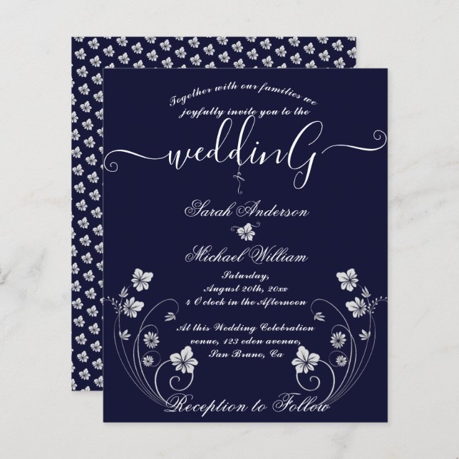 Chic Moderne Budget Floral White Wedding Invitatio (Voorkant / Achterkant)