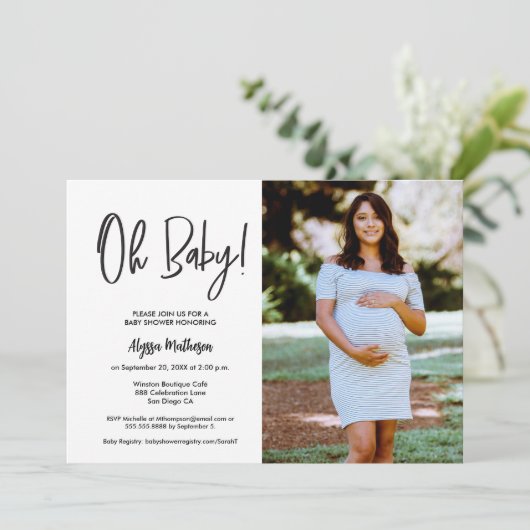 Chic Moderne Foto Handlettering Oh Baby shower Kaart (Staand voorkant)