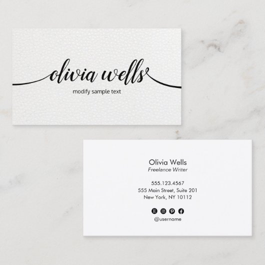 Chic Moderne witte lederen handgeschreven kalligra Visitekaartje (Voorkant / Achterkant)