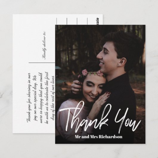 Chic ModernHand Lettered Wedding DANK JE White Briefkaart (Voorkant / Achterkant)