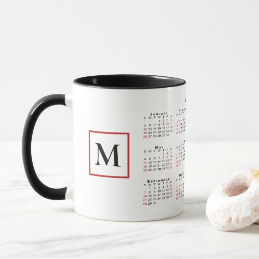 Chic Monogram 2025 Kalender Zwart Wit Rood Mok (Met donut)