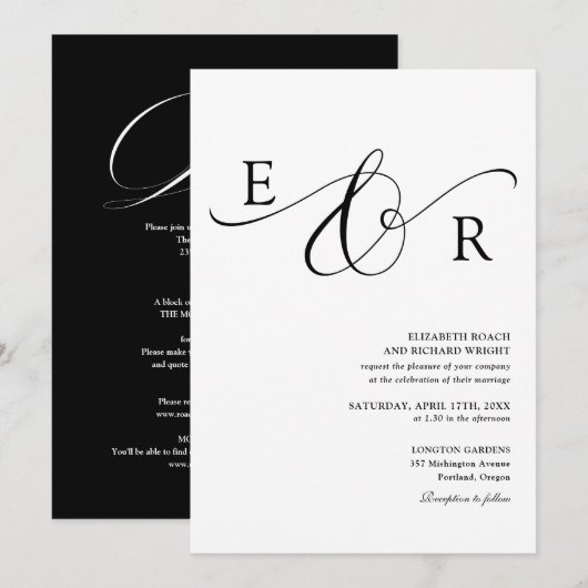 Chic Monogram All In One Zwart En Wit Bruiloft Kaart (Voorkant / Achterkant)