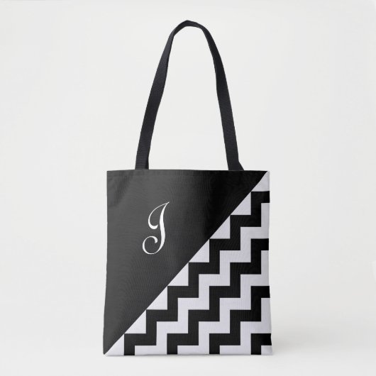 Chic Monogram Black White Geometric Zigzag Pattern Tote Bag (Voorkant)