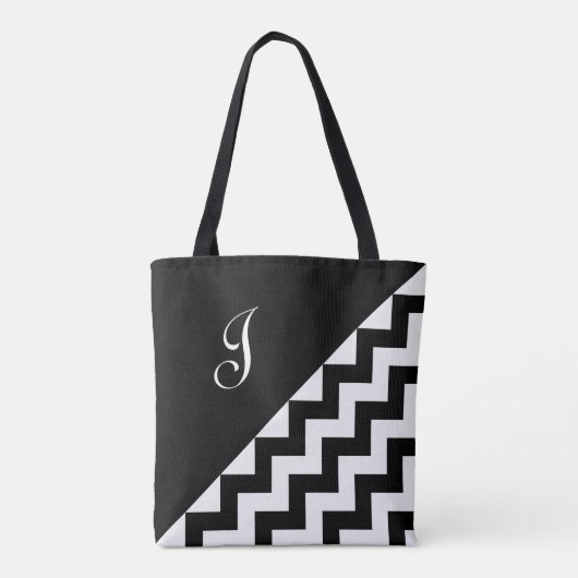Chic Monogram Black White Geometric Zigzag Pattern Tote Bag (Achterkant)