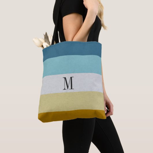 Chic Monogram Blauw Geel Wit Lederen Streep Tote Bag (Dichtbij)