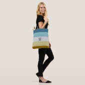 Chic Monogram Blauw Geel Wit Lederen Streep Tote Bag (Op model)