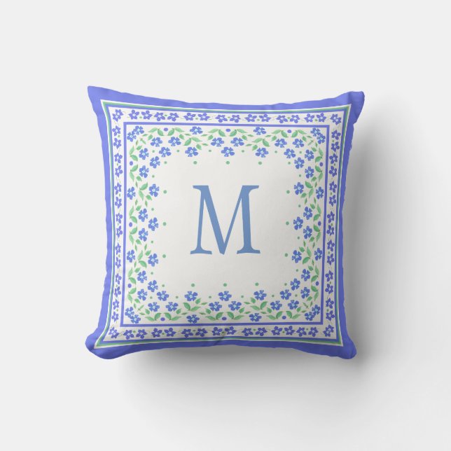 Chic Monogram Blue Periwinkles Floral Border Kussen (Voorkant)