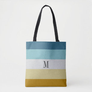 Chic Monogram Blue White Leather Stripe Tote Bag