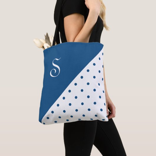Chic Monogram Blue White Polka Dot Geometric Tote Bag (Dichtbij)