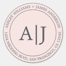 Chic Monogram bruiloft Rendement Adres Pastel Roze Ronde Sticker