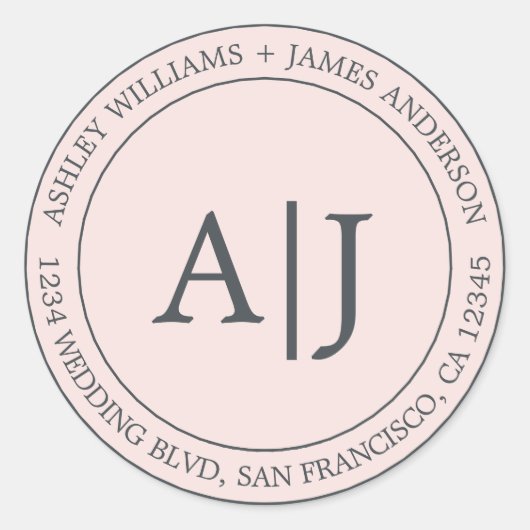 Chic Monogram bruiloft Rendement Adres Pastel Roze Ronde Sticker (Voorkant)