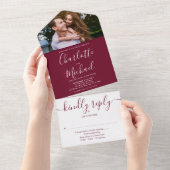 Chic Monogram Burgundy Script Photo Weddenschap All In One Uitnodiging (Afscheurbaar)