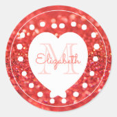 Chic Monogram Coral Glitter Bokeh White Heart Ronde Sticker (Voorkant)
