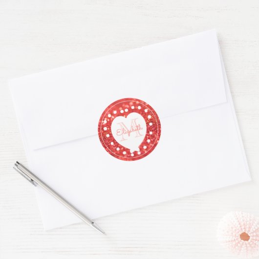 Chic Monogram Coral Glitter Bokeh White Heart Ronde Sticker (Envelop)