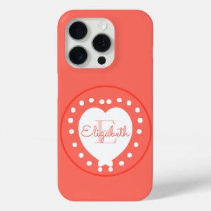 Chic Monogram Coral White Heart Initiaal Letter iPhone 15 Pro Case