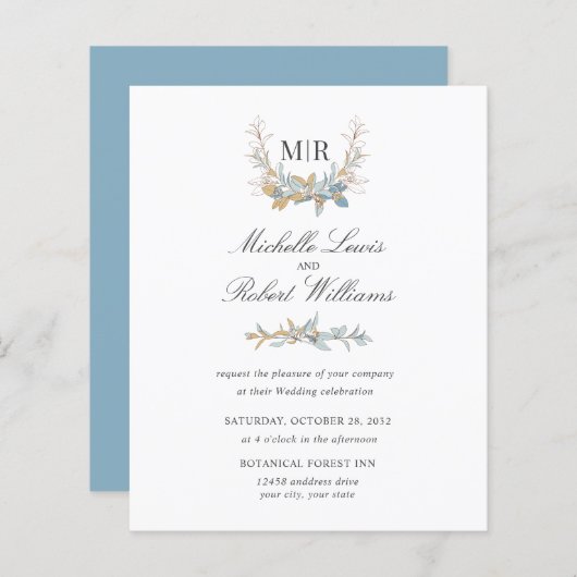 Chic Monogram Crest Gold en blue floral Wedding (Voorkant / Achterkant)