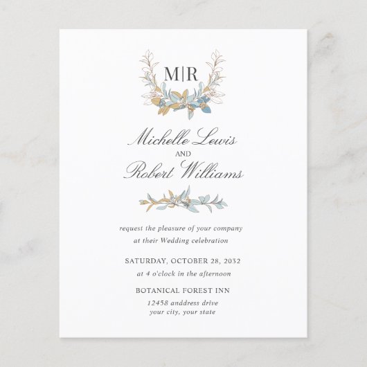 Chic Monogram Crest Gold en blue floral Wedding (Voorkant)