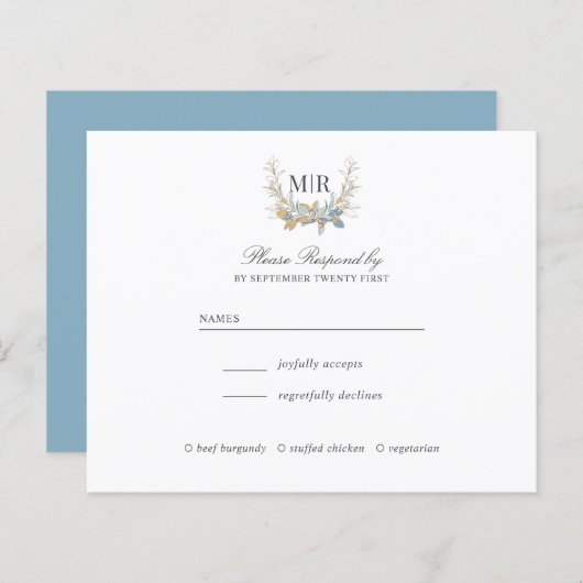 Chic Monogram Crest Goud en blauw Trouw RSVP (Voorkant / Achterkant)