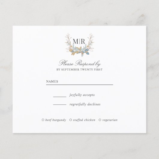 Chic Monogram Crest Goud en blauw Trouw RSVP (Voorkant)