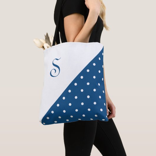 Chic Monogram donkerblauwe witte polaire dot Geome Tote Bag (Dichtbij)