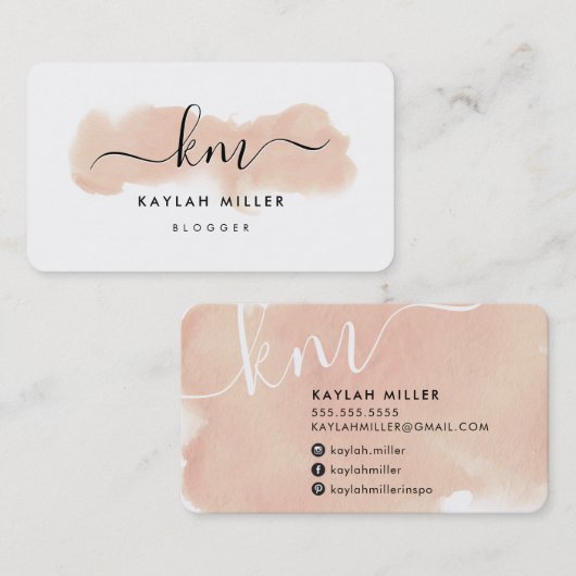 CHIC MONOGRAM Elegante initialen roze waterverf Visitekaartje (Voorkant / Achterkant)