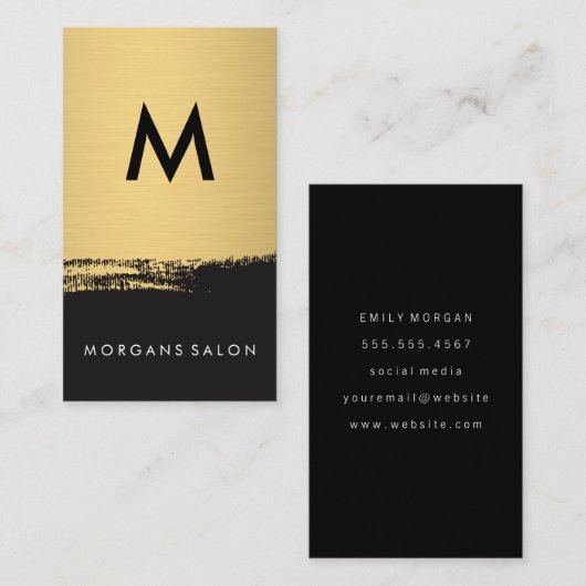 Chic Monogram Faux Metallic Gold Brushed Black Visitekaartje (Voorkant / Achterkant)