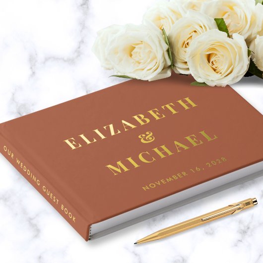 Chic Monogram Foto Terracotta Trouwgoud Gastenboek