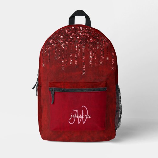 Chic Monogram Girly Hot Red Glitter Druppels Bedrukte Rugzak (Voorkant)