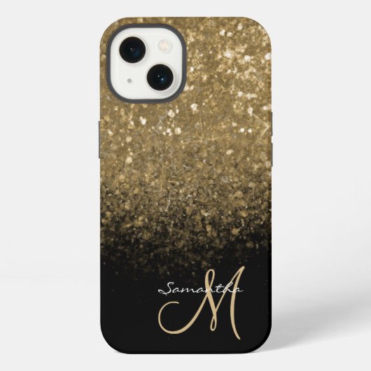 Chic Monogram Goud Glitter & Zwart iPhone Hoesje (Achterkant)