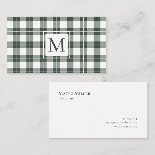 Chic Monogram Groen en Wit Geplakt Patroon Visitekaartje (Voorkant / Achterkant)