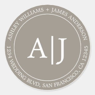 Chic Monogram Huwelijk Retouradres Grijze Ronde Sticker